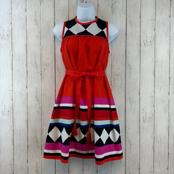 Kate Spade New York Black Red Geo Babydoll Belted Sleeveless Dress  Size XS - Picture 3 of 16